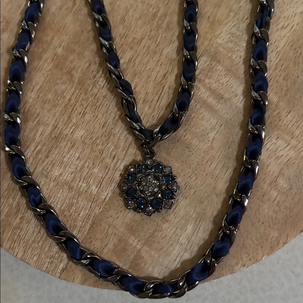 Women's Navy Blue Beaded Pendant Necklace two piece Set ribbon woven